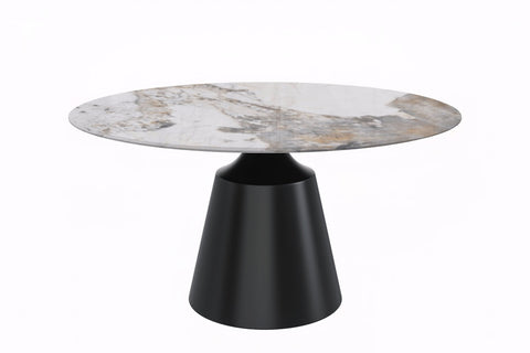 Prynn Modern Round Dining Table with a Sintered Stone/Glass Top in Stainless Steel