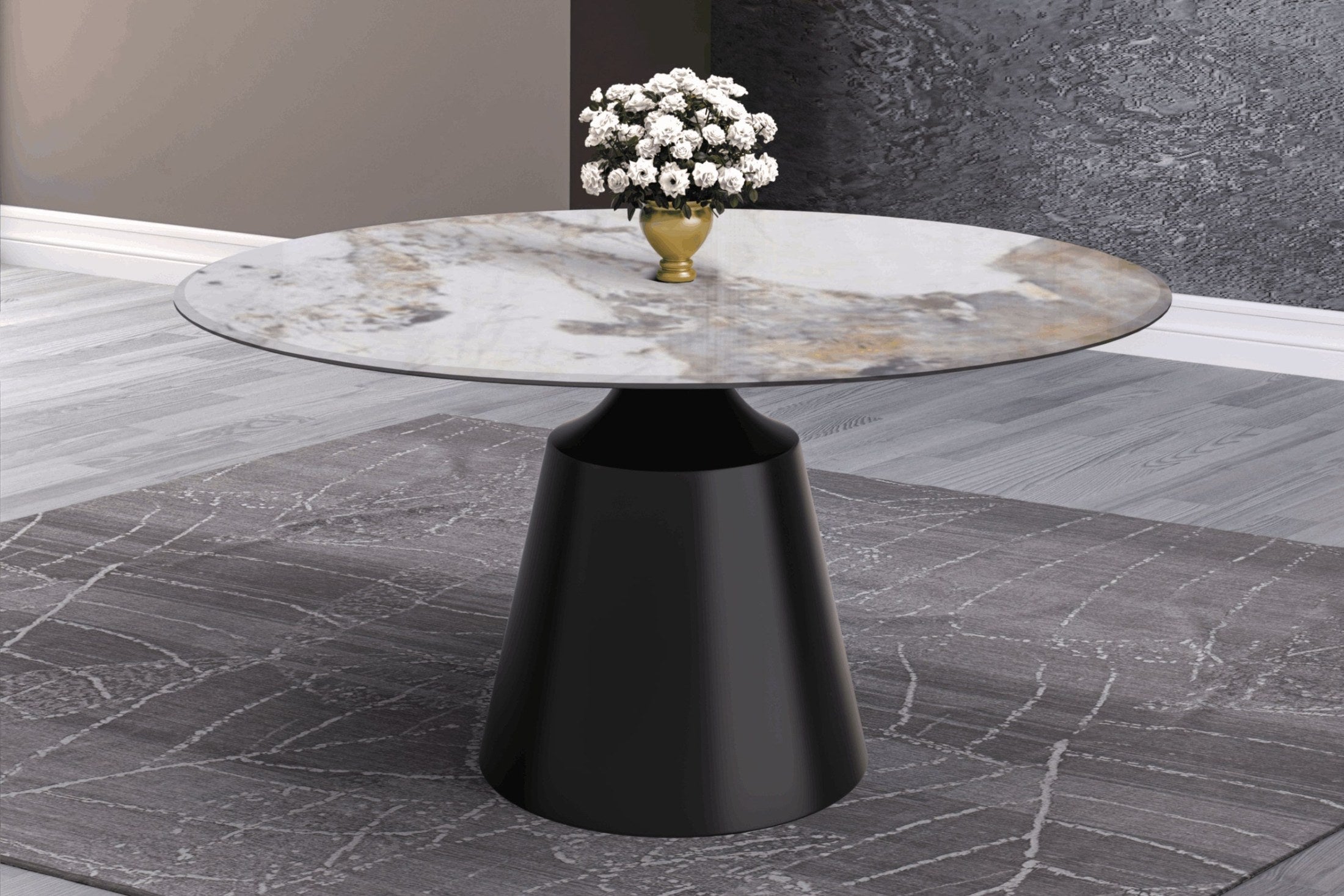 Prynn Modern Round Dining Table with a Sintered Stone/Glass Top in Stainless Steel