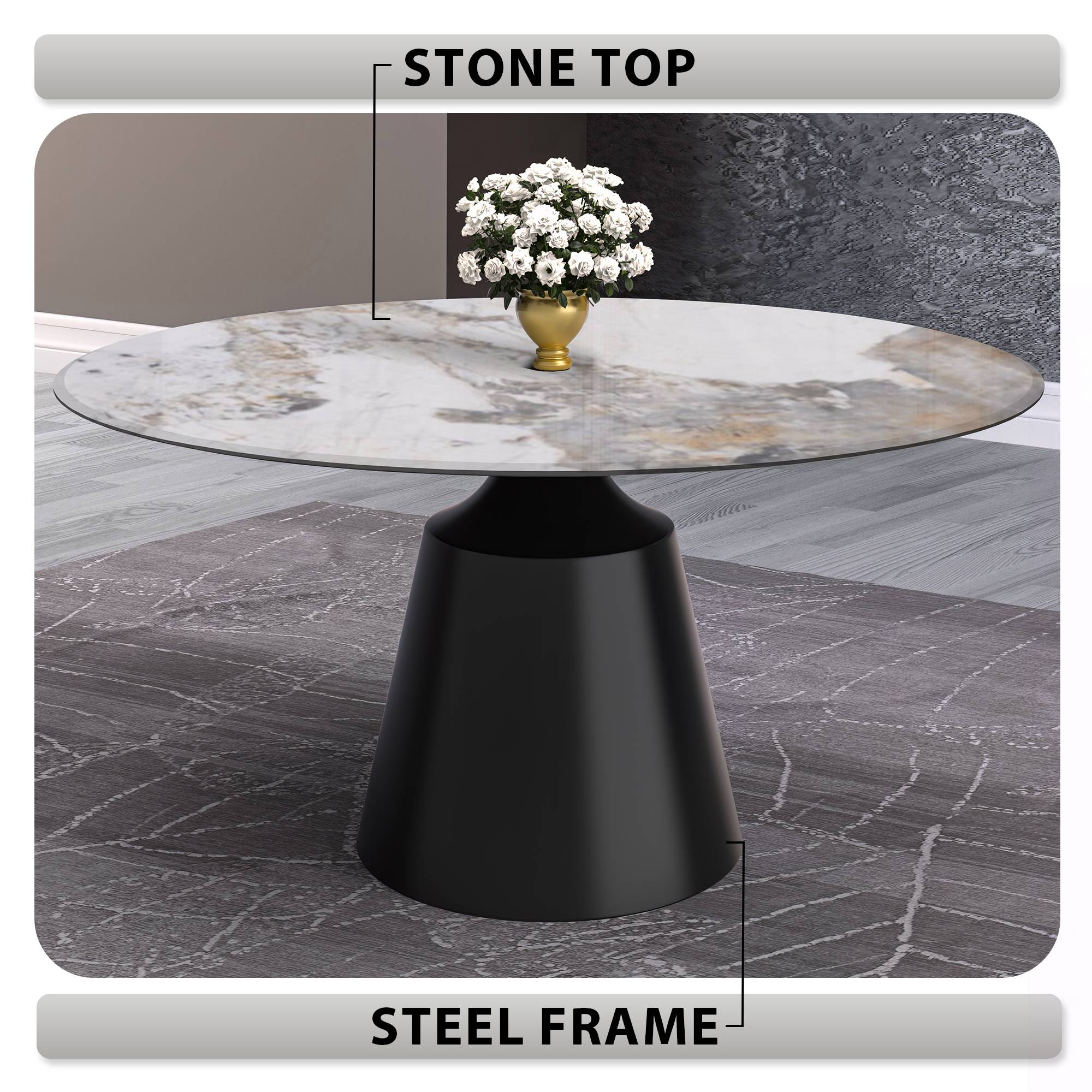 Prynn Modern Round Dining Table with a Sintered Stone/Glass Top in Stainless Steel