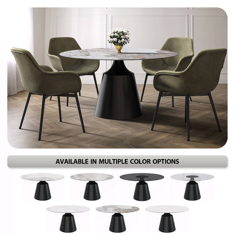 Prynn Modern Round Dining Table with a Sintered Stone/Glass Top in Stainless Steel