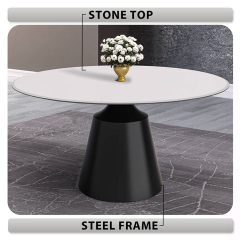 Prynn Modern Round Dining Table with a Sintered Stone/Glass Top in Stainless Steel