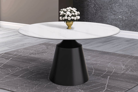 Prynn Modern Round Dining Table with a Sintered Stone/Glass Top in Stainless Steel