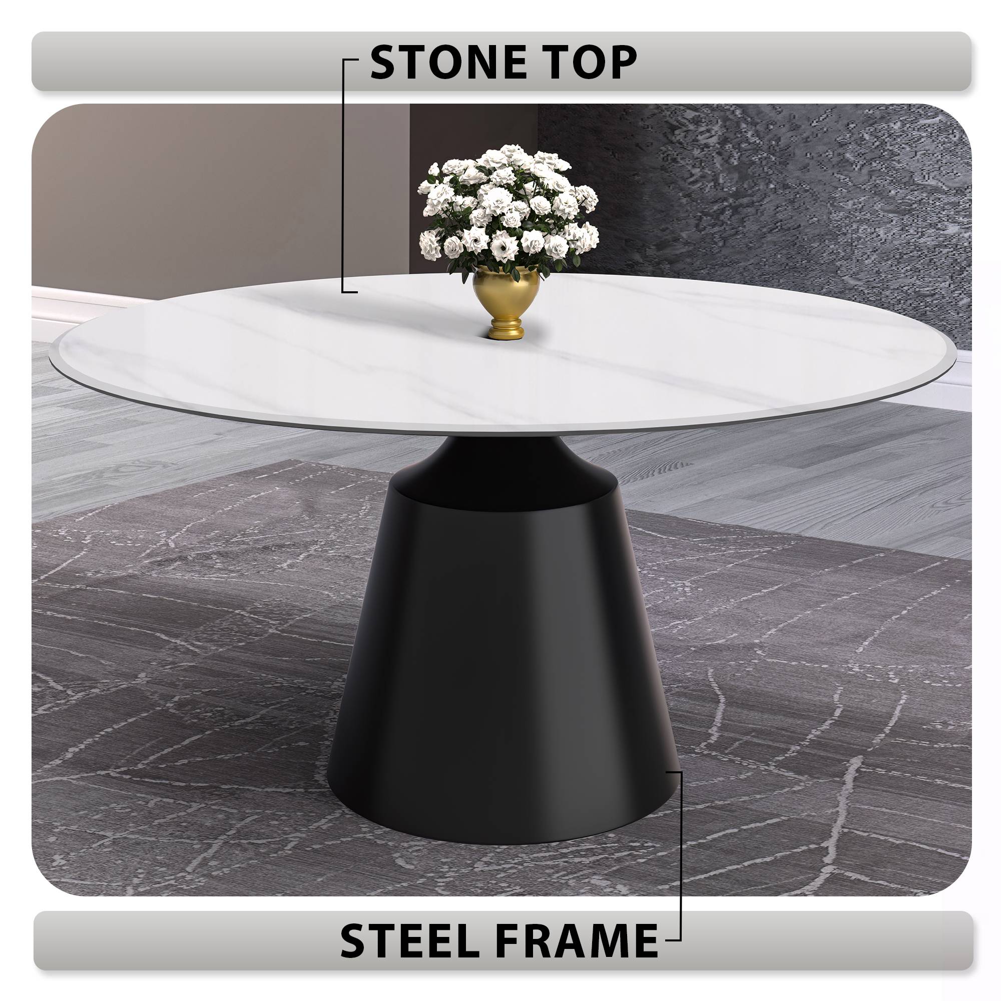 Prynn Modern Round Dining Table with a Sintered Stone/Glass Top in Stainless Steel