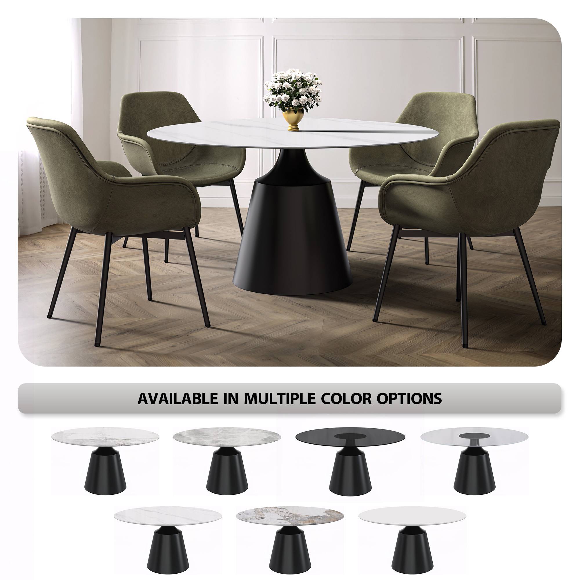 Prynn Modern Round Dining Table with a Sintered Stone/Glass Top in Stainless Steel