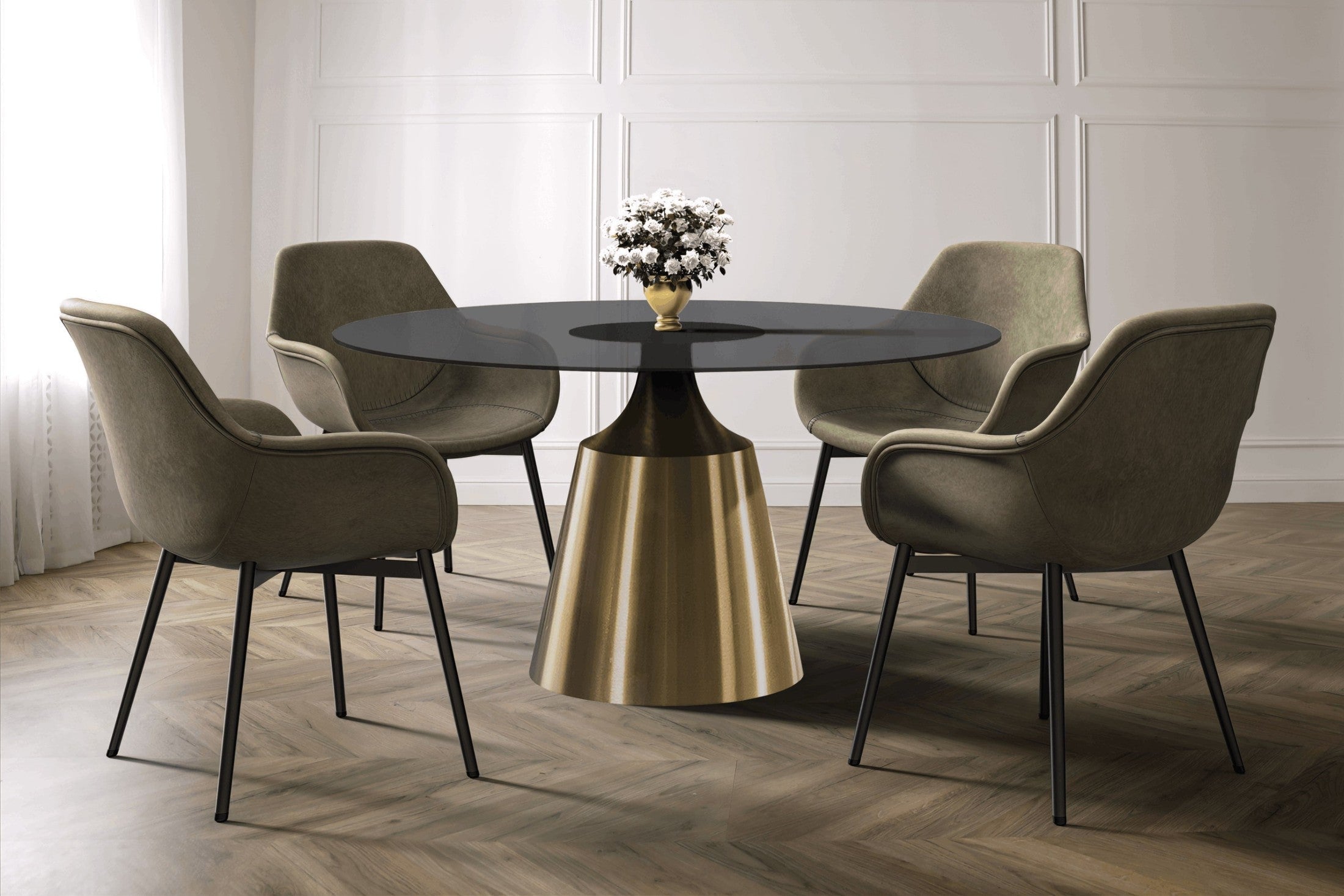 Prynn Modern Round Dining Table with a Sintered Stone/Glass Top in Stainless Steel