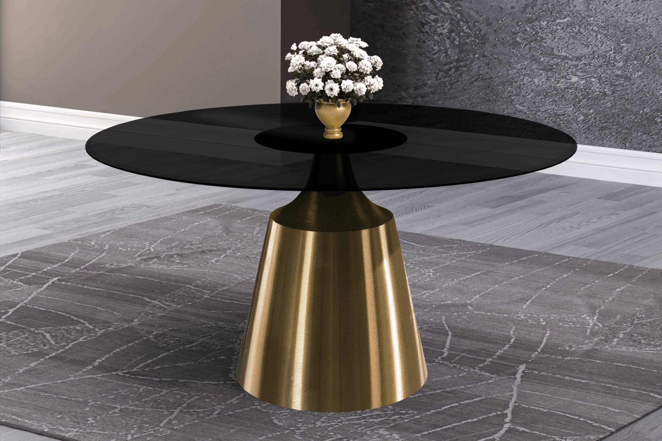 Prynn Modern Round Dining Table with a Sintered Stone/Glass Top in Stainless Steel