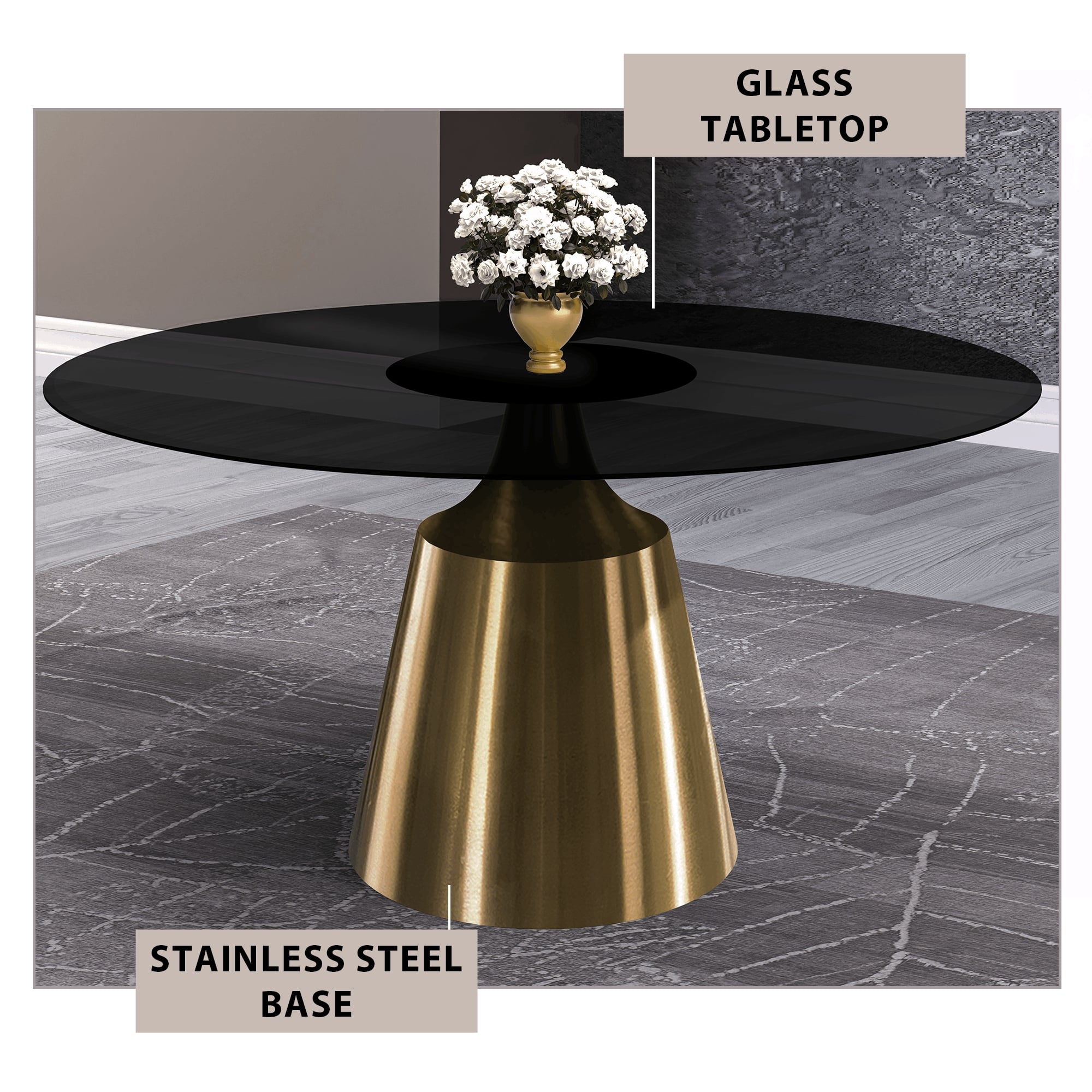 Prynn Modern Round Dining Table with a Sintered Stone/Glass Top in Stainless Steel