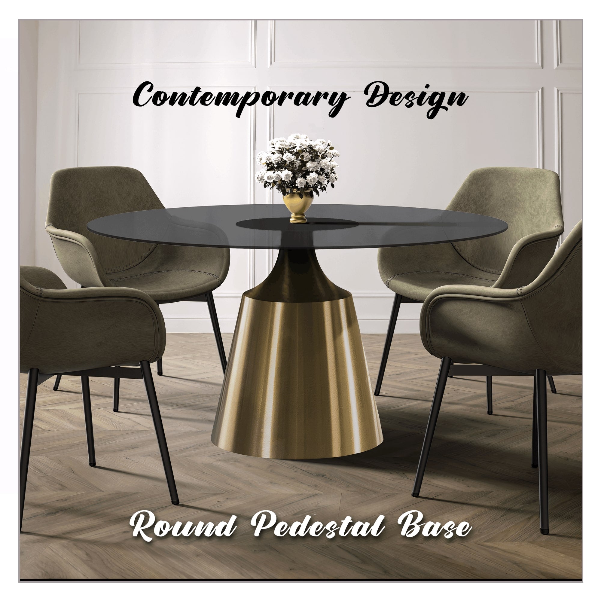 Prynn Modern Round Dining Table with a Sintered Stone/Glass Top in Stainless Steel