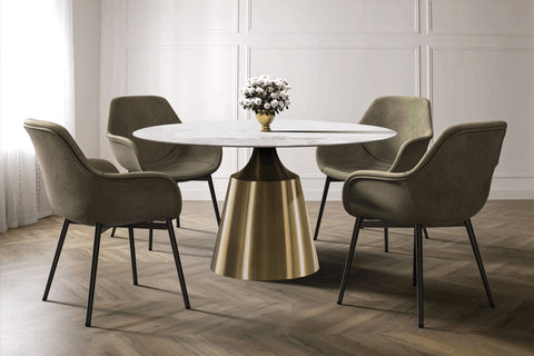 Prynn Modern Round Dining Table with a Sintered Stone/Glass Top in Stainless Steel