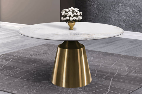 Prynn Modern Round Dining Table with a Sintered Stone/Glass Top in Stainless Steel