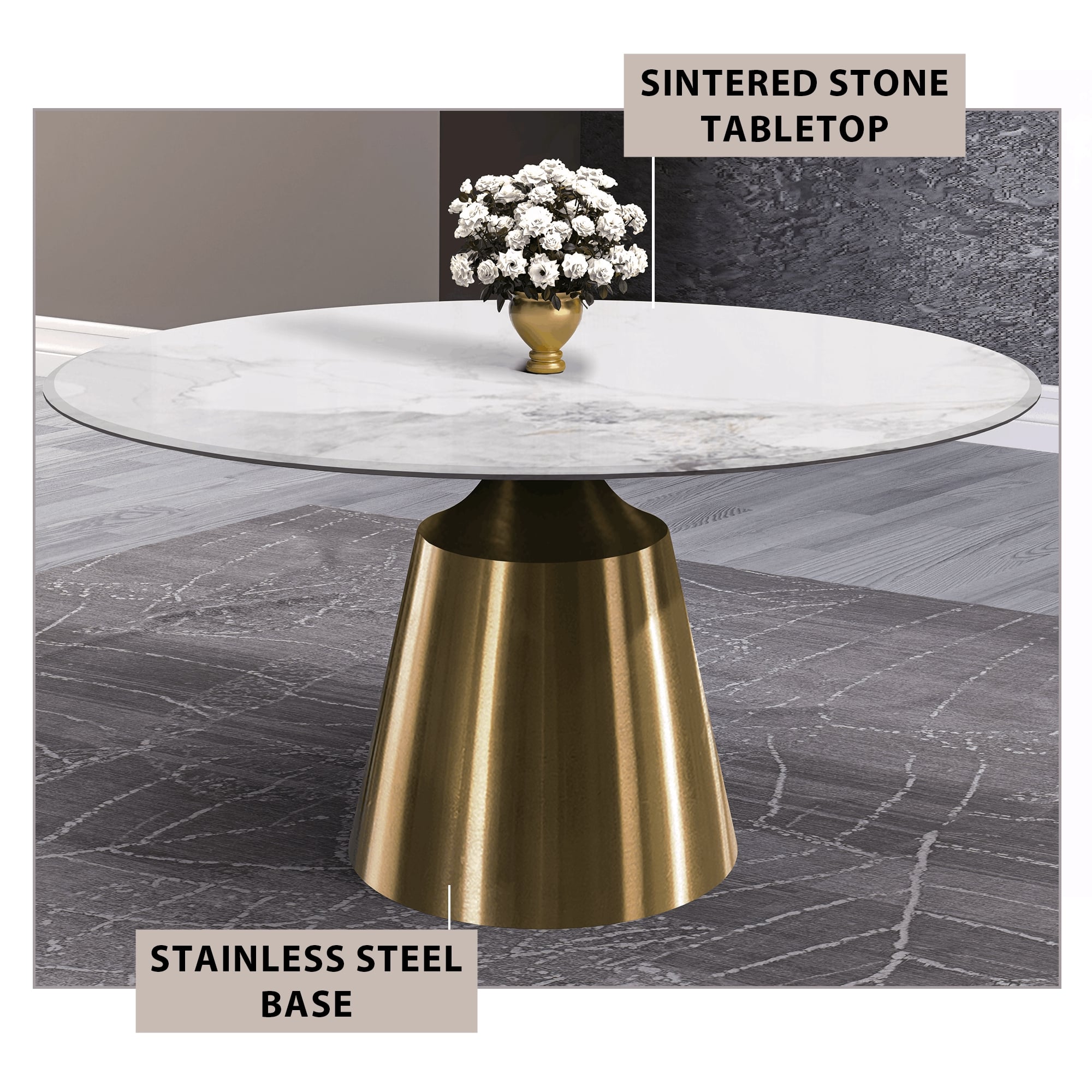 Prynn Modern Round Dining Table with a Sintered Stone/Glass Top in Stainless Steel