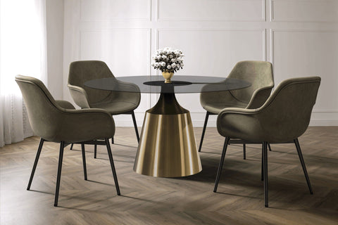 Prynn Modern Round Dining Table with a Sintered Stone/Glass Top in Stainless Steel