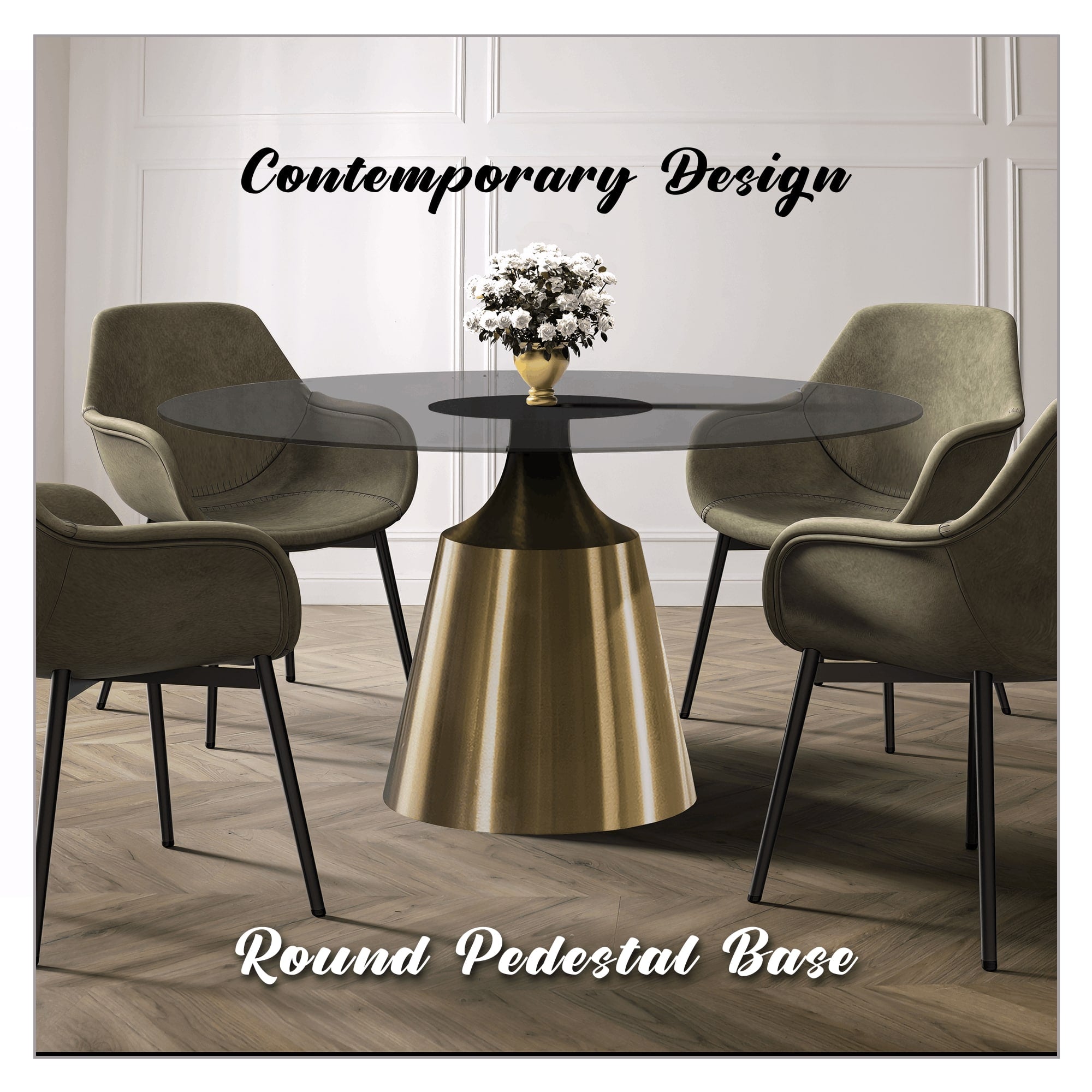 Prynn Modern Round Dining Table with a Sintered Stone/Glass Top in Stainless Steel