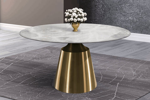 Prynn Modern Round Dining Table with a Sintered Stone/Glass Top in Stainless Steel