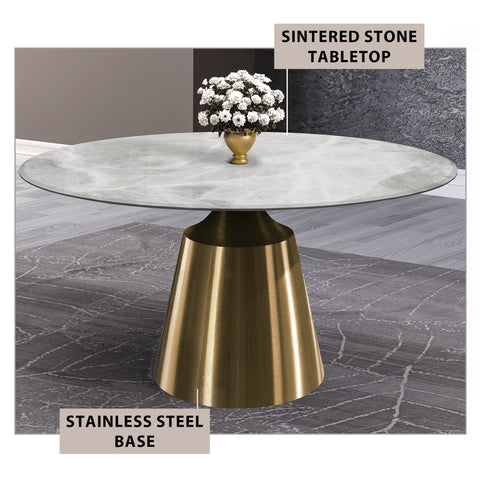 Prynn Modern Round Dining Table with a Sintered Stone/Glass Top in Stainless Steel