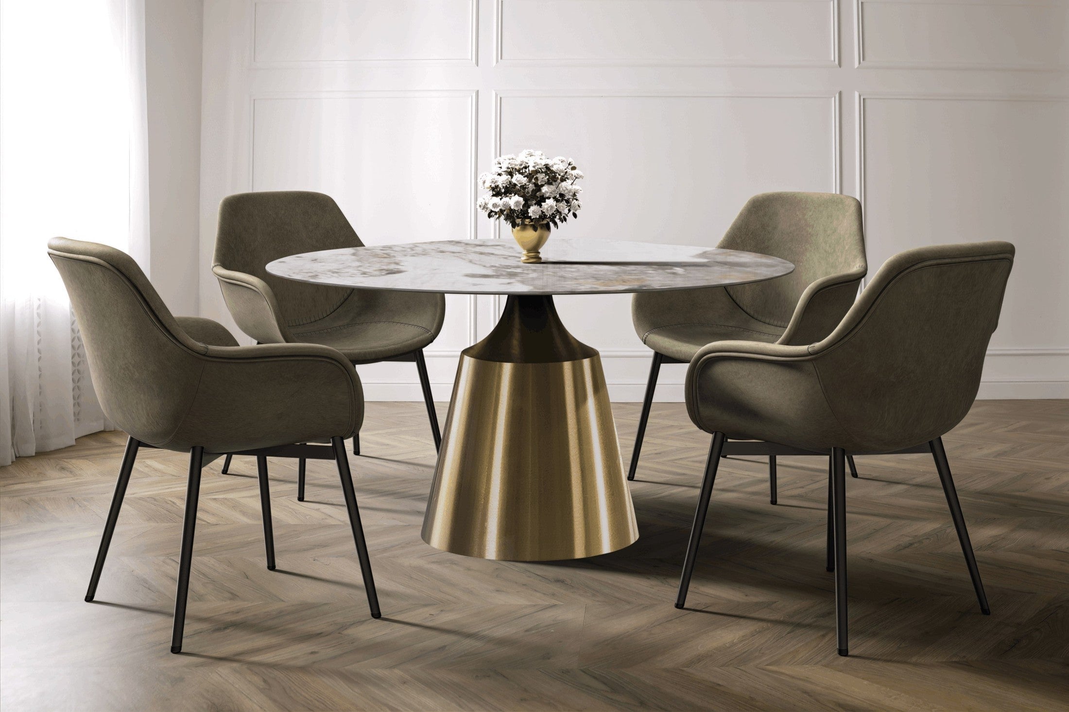 Prynn Modern Round Dining Table with a Sintered Stone/Glass Top in Stainless Steel