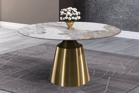 Prynn Modern Round Dining Table with a Sintered Stone/Glass Top in Stainless Steel