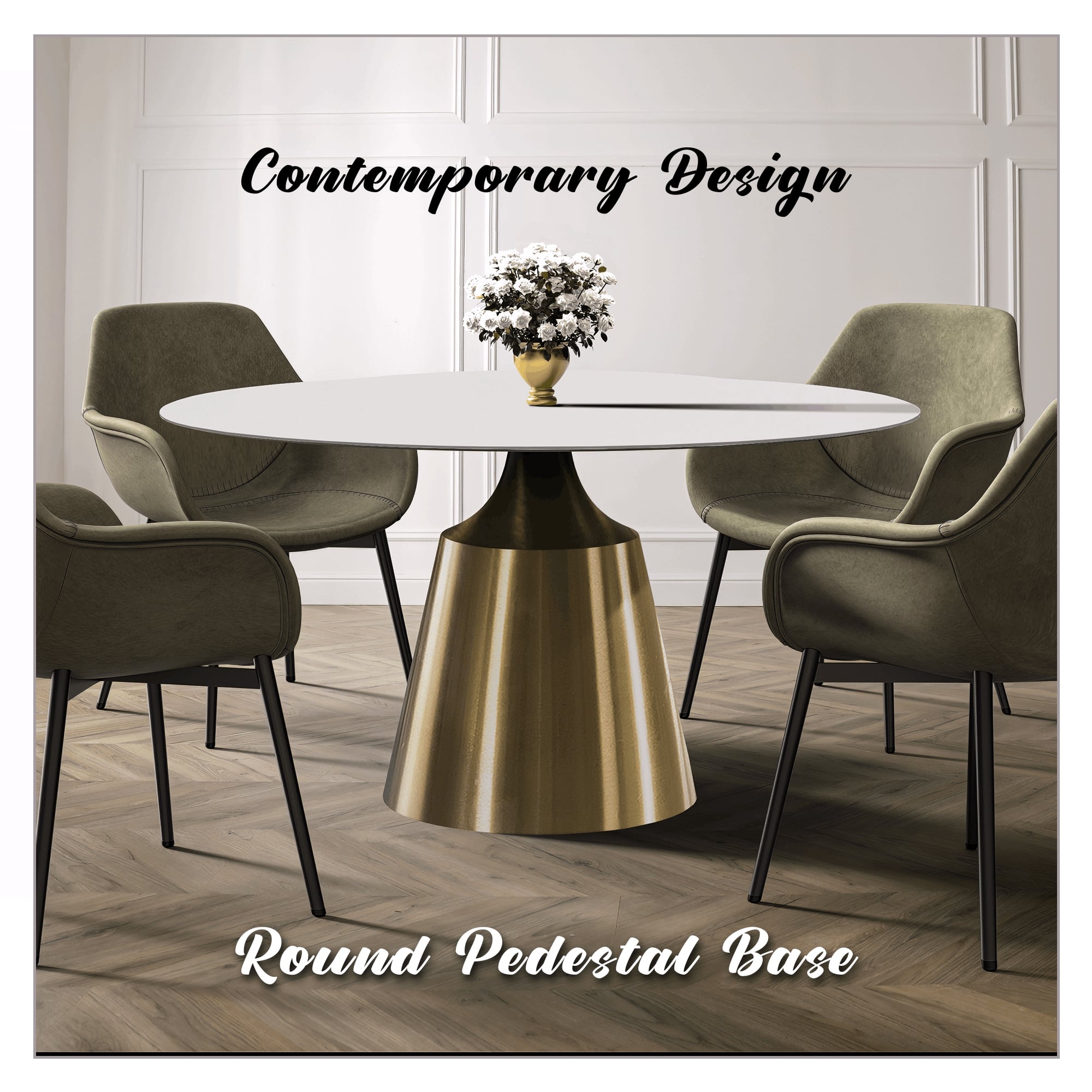 Prynn Modern Round Dining Table with a Sintered Stone/Glass Top in Stainless Steel