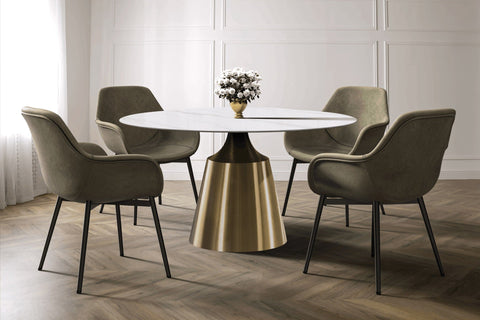 Prynn Modern Round Dining Table with a Sintered Stone/Glass Top in Stainless Steel