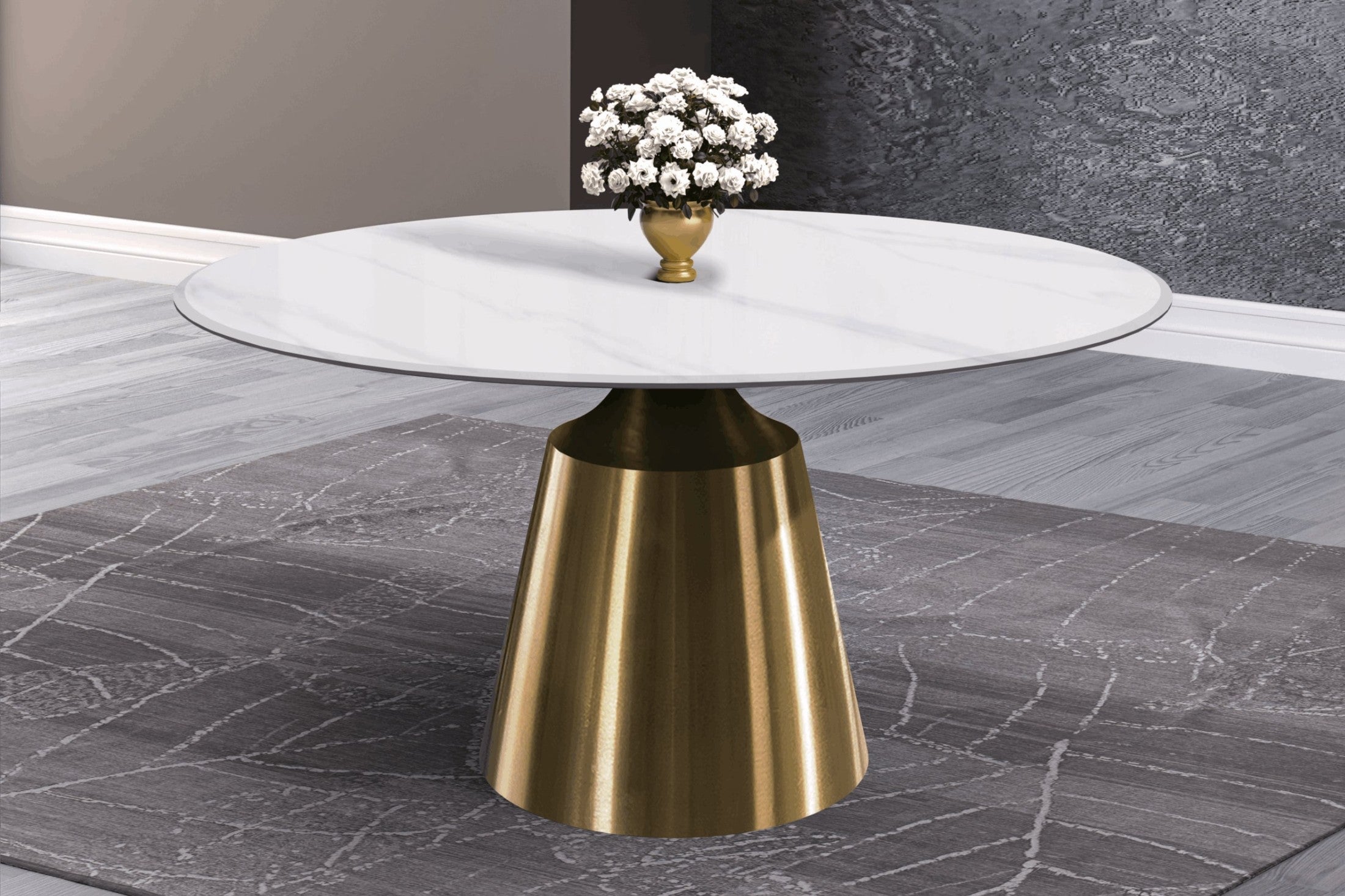 Prynn Modern Round Dining Table with a Sintered Stone/Glass Top in Stainless Steel