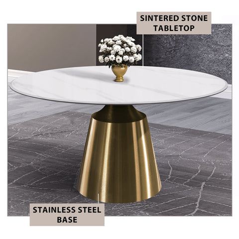 Prynn Modern Round Dining Table with a Sintered Stone/Glass Top in Stainless Steel