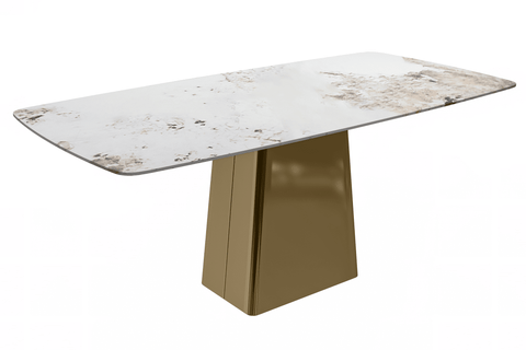 Quinix Rectangular Dining Table with Sintered Stone or Glass Rectangular Top and Gold Stainless Steel Base