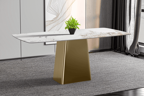 Quinix Rectangular Dining Table with Sintered Stone or Glass Rectangular Top and Gold Stainless Steel Base