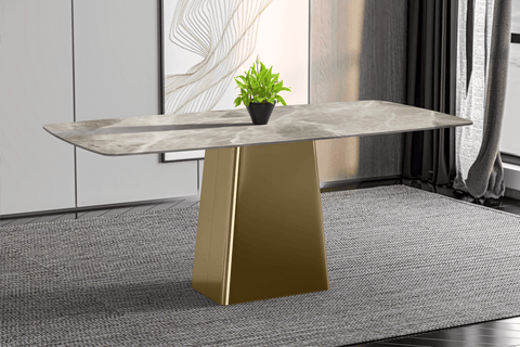 Quinix Rectangular Dining Table with Sintered Stone or Glass Rectangular Top and Gold Stainless Steel Base