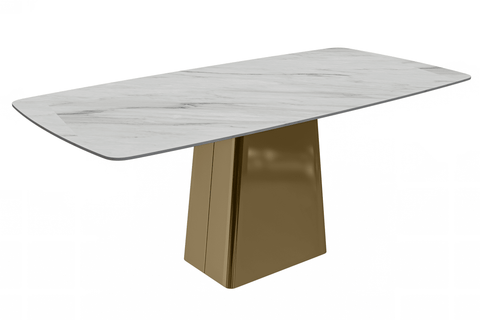 Quinix Rectangular Dining Table with Sintered Stone or Glass Rectangular Top and Gold Stainless Steel Base