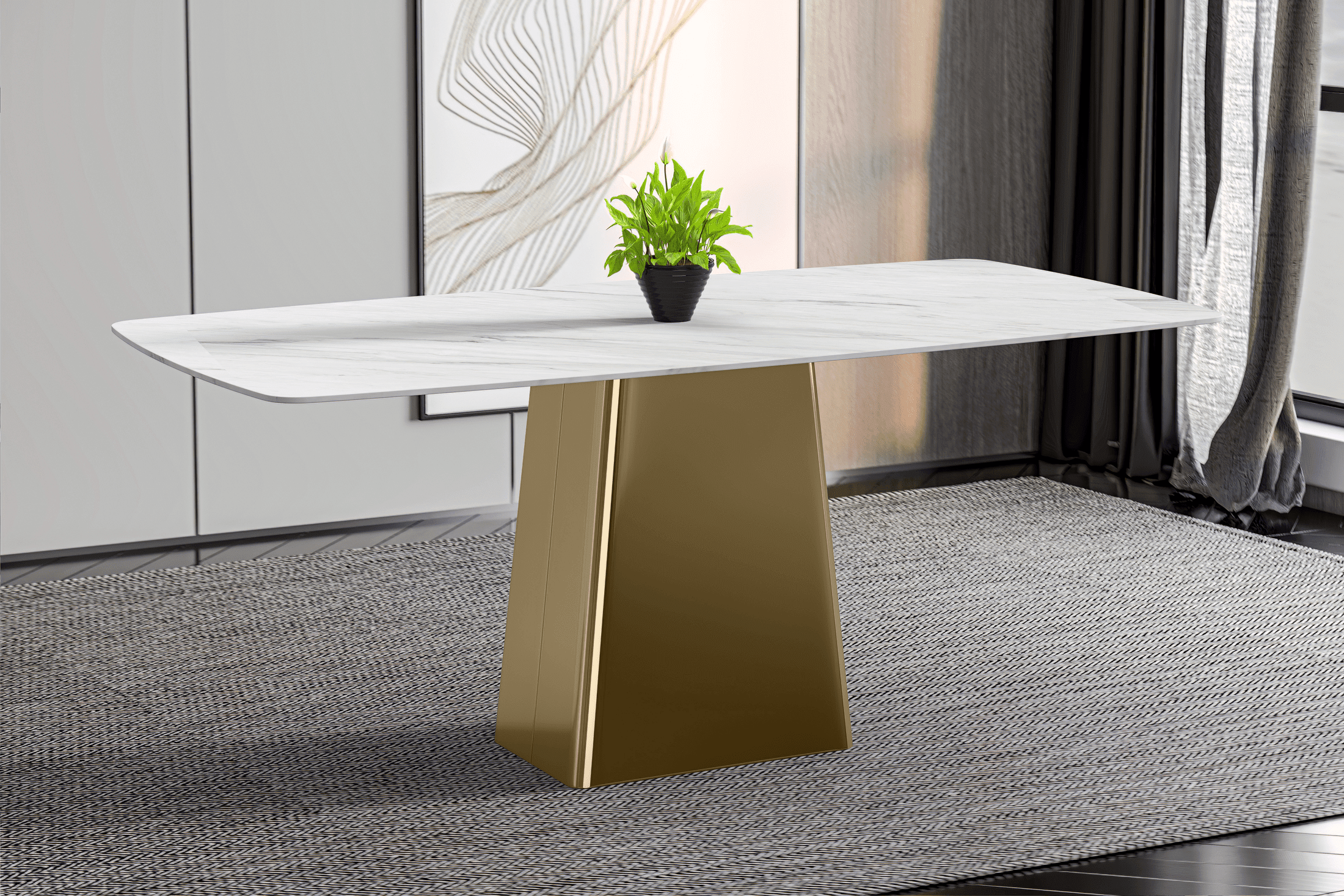 Quinix Rectangular Dining Table with Sintered Stone or Glass Rectangular Top and Gold Stainless Steel Base