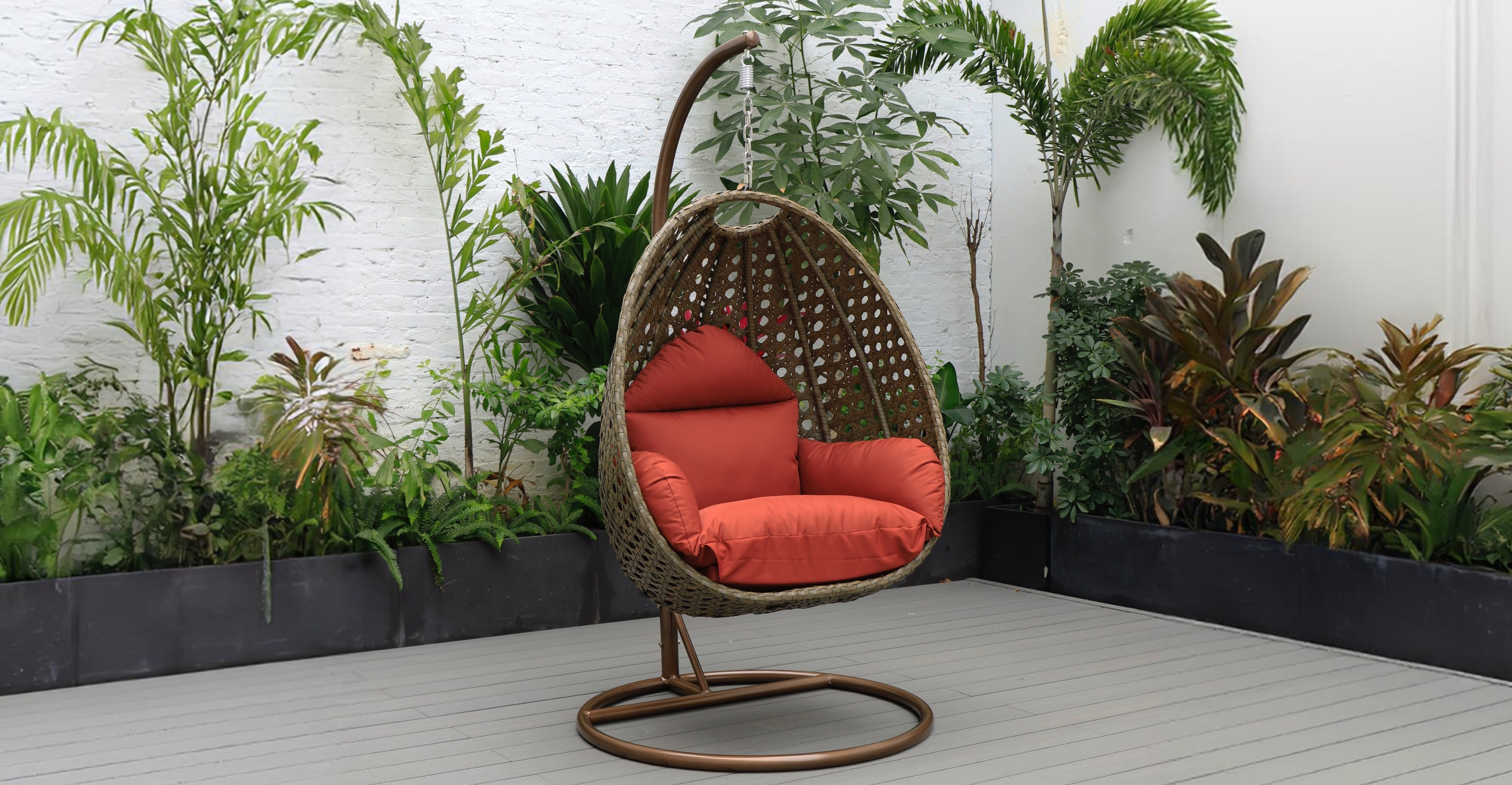 Beige Wicker Hanging Single Egg Swing Chair With Cushions