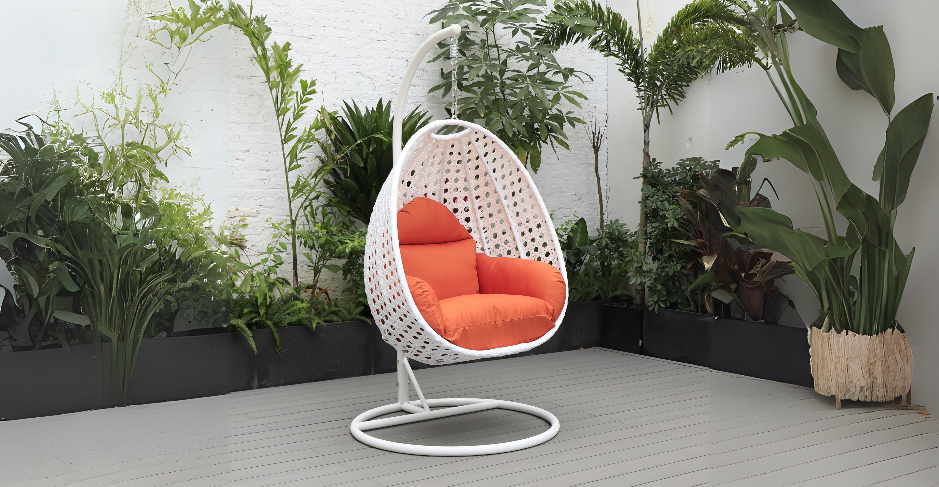 White Wicker Hanging Single Egg Swing Chair With Cushions