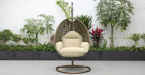 Beige Wicker Hanging Single Egg Swing Chair With Cushions