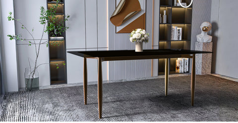 Zinti Dining Table with Glass or Sintered Stone Rectangular Wide Tabletop with Steel Base and Legs